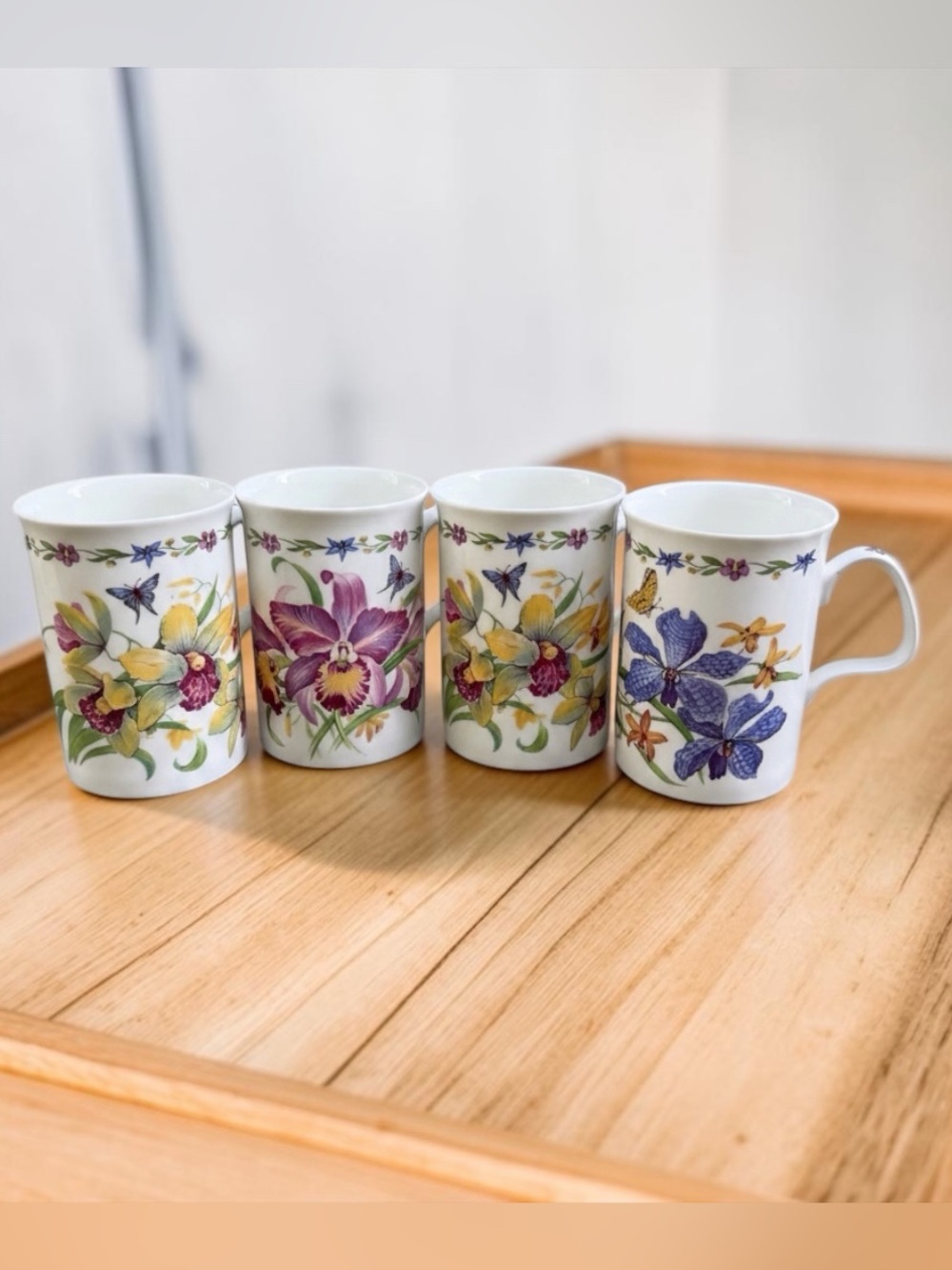 4 X Roy Kirkham Exotic Orchids Botanical Fine Bone China Mugs made in England